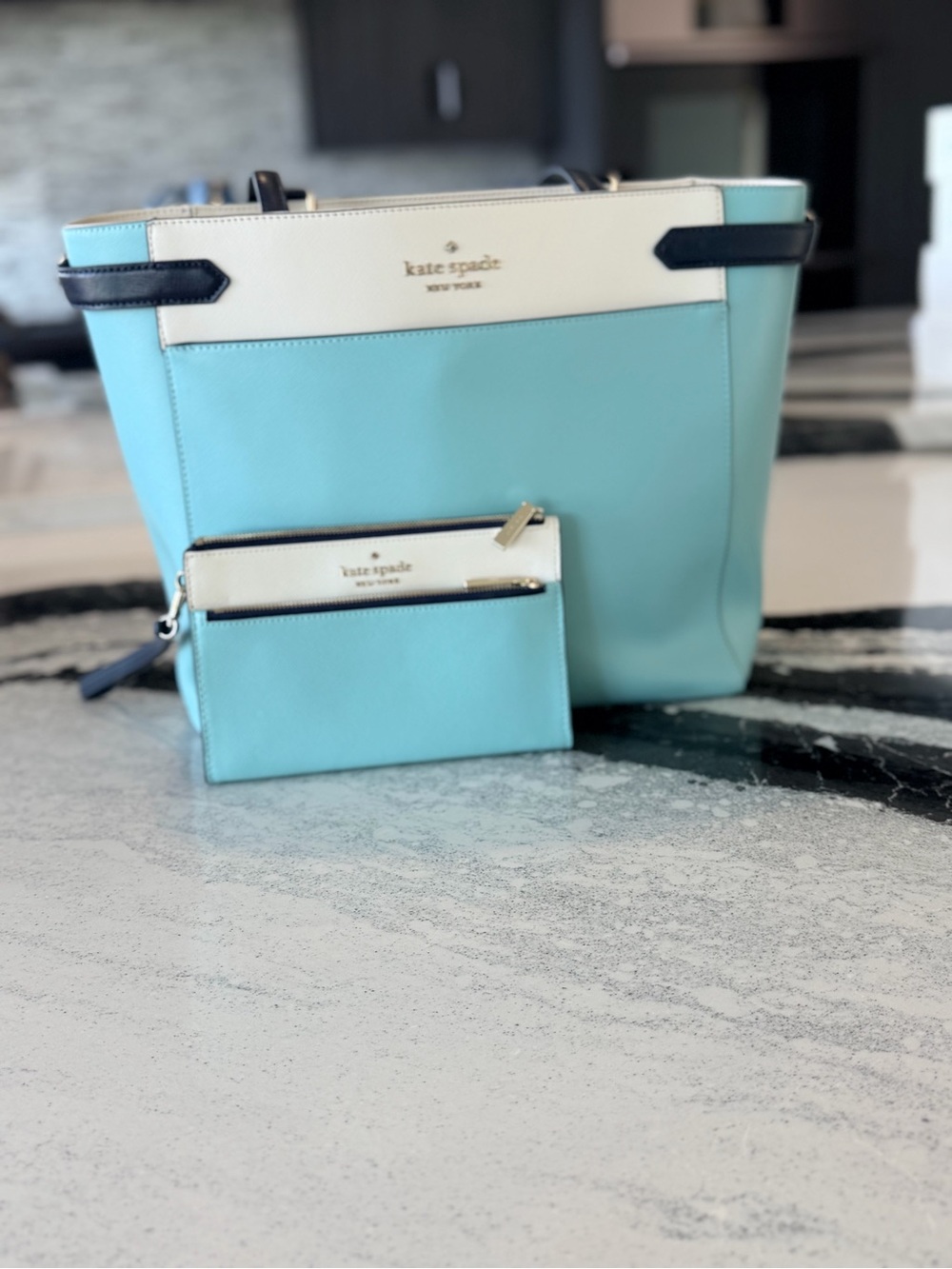 kate spade Aqua and Cream Leather Tote with Matching Pouch